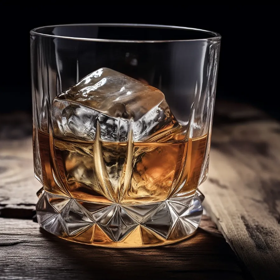 Cut-crystal whisky glass with ice on a wooden table