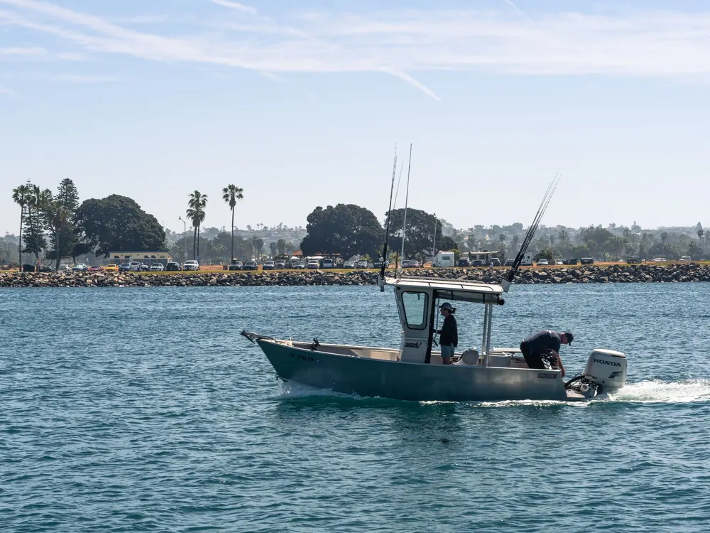 Center console fishing boat on a bay