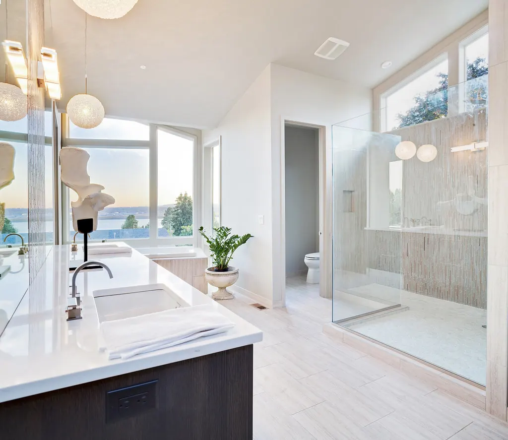 Remodeled bathroom with walk-in shower