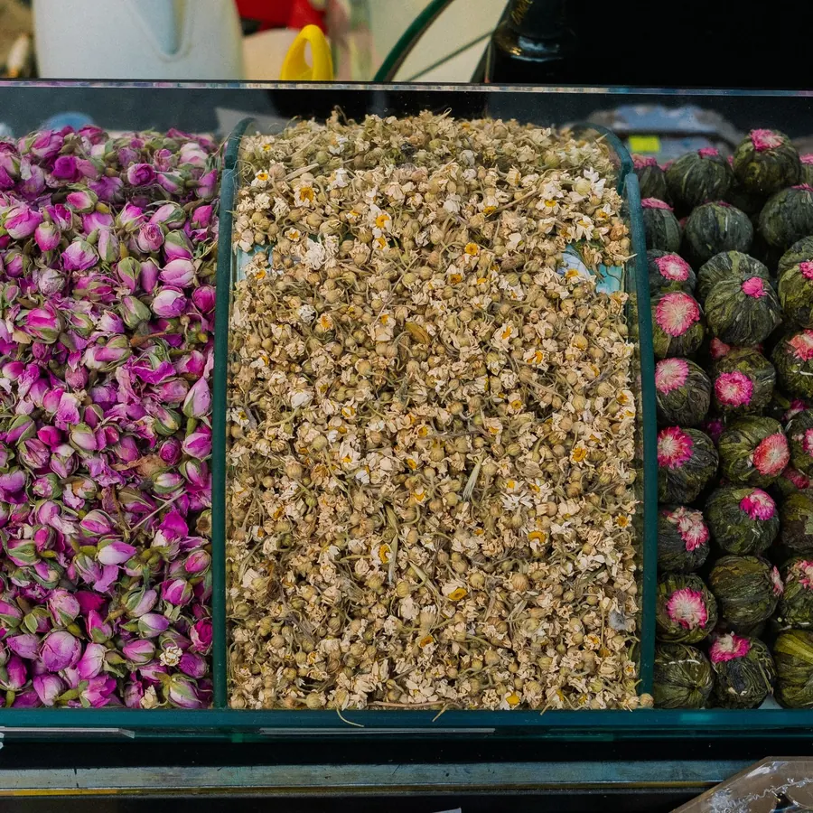 Rosebuds, chamomile and blooming teas